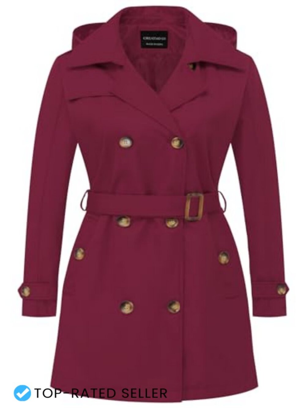 Plus Size Double-Breasted Trench Coat Water-Repellent Belted Overcoat with Hood